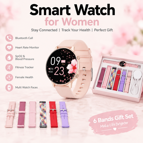 Smartwatch Damen Geschenkset mit 6 Austauschbaren Armbänder Bluetooth Anruf Herzfrequenz Blutdruck Blutsauerstoff Frauengesundheit Fitnessuhr Damen Uhren Geschenk für Sie