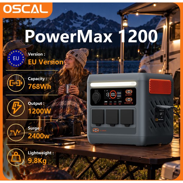 Oscal Powermax 1200 Tragbare Powerstation 768Wh Lifepo4 Backup-Batterie Solar-Generator 1200W Reine Sinuswelle USV Schnelles Laden 10 Steckdosen für Camping, Wohnmobil, Zuhause und Notfälle
