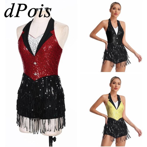 Womens Jazz Fringed Jumpsuit Sparkly Sequins Cha-cha Latin Dance Costume Halter Backless Rumba Tango Tassel Leotard Dancewear