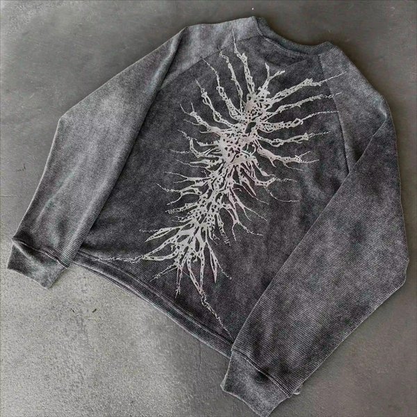Y2K Nematode Phantom Thread Druck Langarm-T-Shirt Lockerer und schwerer Stil Old Washed Gothic Retro Street Fashion Top