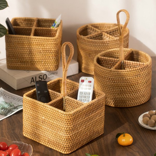 Boîte de rangement en rotin tissé à la main avec poignée, panier de télécommande, boîtes d'ornement de téléphone portable, récipient alimentaire, maison, bureau, évaluation