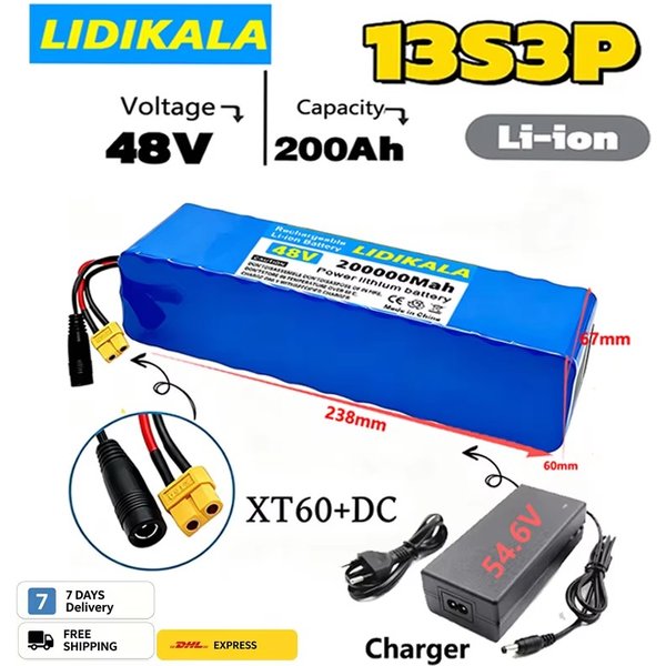 Neuer 48V 200Ah 2000W 13S3P 48V 18650 Lithium-Ionen-Akku, geeignet für 54,6V Elektroroller, mit BMS 54,6V Ladegerät und Backup-Akku.