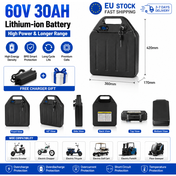 60V 40Ah Elektroroller Lithium-Batterie 18650 Wasserdichtes Hochleistungs-Akkupack mit BMS 67,2V 2A Ladegerät für 60V Chopper E-Motorrad EU-Lager Schneller Versand