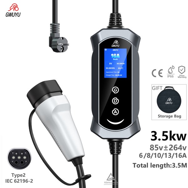 GWUYU EV Tragbares Ladegerät Typ 2, Drei-Tasten-Bedienung, Einstellbar 6/8/10/13/16A, 3,5kW LCD-Display, 3,5M Kabel, Schuko-Stecker, IP66 EV-Ladegerät für EV- und PHEV-Fahrzeuge
