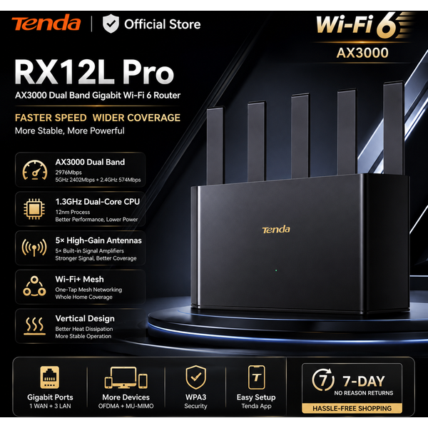 Tenda RX12L Pro AX3000 WiFi 6 Router Dual Band Gigabit Wireless Router 2976Mbps Mesh Router 1.3GHz Dual Core CPU 5 Antennas