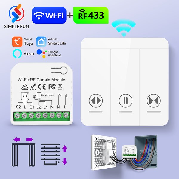 Commutateur de rideau intelligent WiFi et RF commutateur de panneau mural sans fil Module de vie intelligente Tuya pour stores de volet roulant Garage, minuterie, Alexa