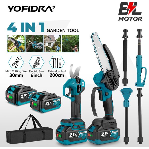 YOFIDRA 4-IN-1 Bürstenlose Elektrische Kettensäge mit Teleskopstange, Hochastsäge, Holzbearbeitungs- und Beschneidungswerkzeug für Makita 18-21V Akku