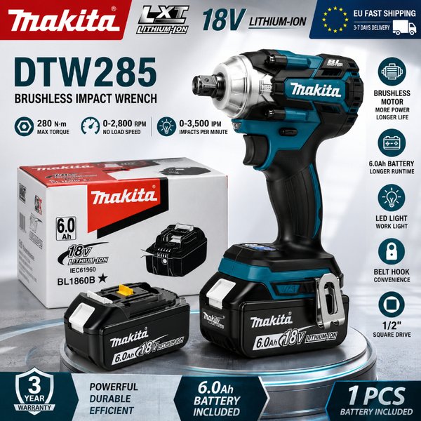 Makita DTW285Z Clé à choc sans fil 18V LXT 280N.m sans balais, clé électrique puissante 1/2" avec batterie 6.0Ah pour automobile, atelier, construction, stock UE, expédition rapide depuis l'entrepôt