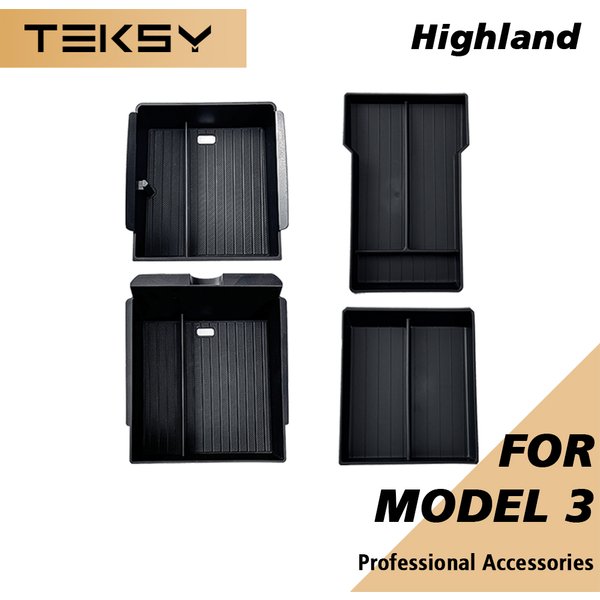 TEKSY Pour Tesla Neues Model 3 HIGHLAND 2025 2026 Mittelkonsole Aufbewahrungsbox Armlehnen-Aufbewahrungsbox Ober- et Unterteil avec Flockbeschichtung Accessoire Neu