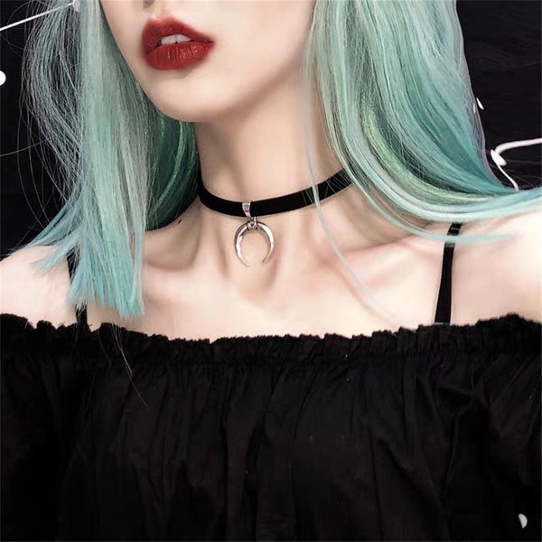 Collier ras du cou Vintage en cuir et velours pour femmes, gothique, couleur argent, lune, pendentif, mode femmes, bijoux de fête de Bar