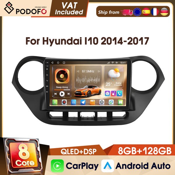 Podofo 4G 9" 2 Din 8-Kern-Auto-Audio für Hyundai I10 2014-2017 8+128G Autoradio WIFI GPS AM FM RDS DAB Kabelloses CarPlay Intelligente Fahrzeugsysteme