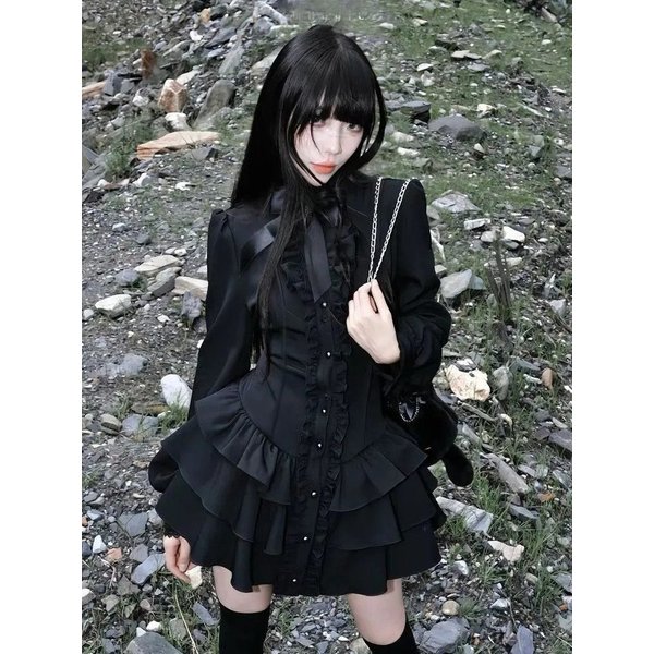 Gothic Punk Dress Ruffle Flare Sleeve Bow Front Tiered Mini Dress American 2000s Vintage Goth Style Women Casual Streetwear 2026