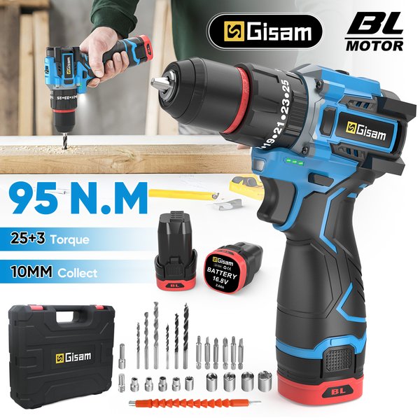 Gisam 25+3 Drehmoment Bürstenloser Elektrischer Schlagbohrer 95N.M 3-in-1 Kabelloser Elektrischer Schraubendreher 24-teiliges Zubehör-Set, tragbare Holzbearbeitungsbohrmaschine, Elektrowerkzeuge für
