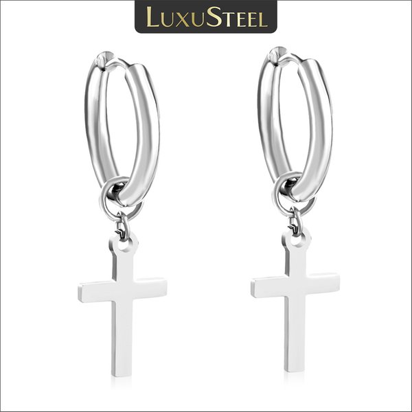 Boucles d'oreilles gothiques de luxe pour hommes, pendentif croix, couleur argent, cerceau en acier inoxydable, cercle Punk, bijoux d'oreille, cadeaux BFF