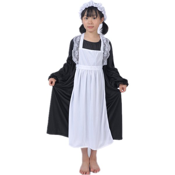 Child's Forum Victorian Girl Dress Coffee Maid Costume Colonial Girl Costume Dress black/White With Apron Hat