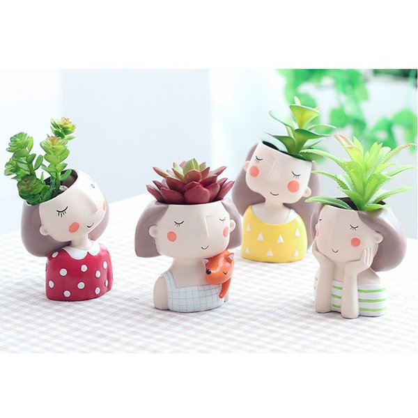 Succulents Planters Flower Pots Cactus Plant Pot Lovely Girl Head Bonsai Planter Pots Ornaments with Drainage Hole Table Decor