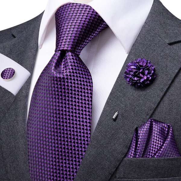 Purple Solid Mens Necktie Luxury 8.5cm Business Tie Hanky Cufflinks Brooch Wedding Tie Gift For Men Hi-Tie silk Designer