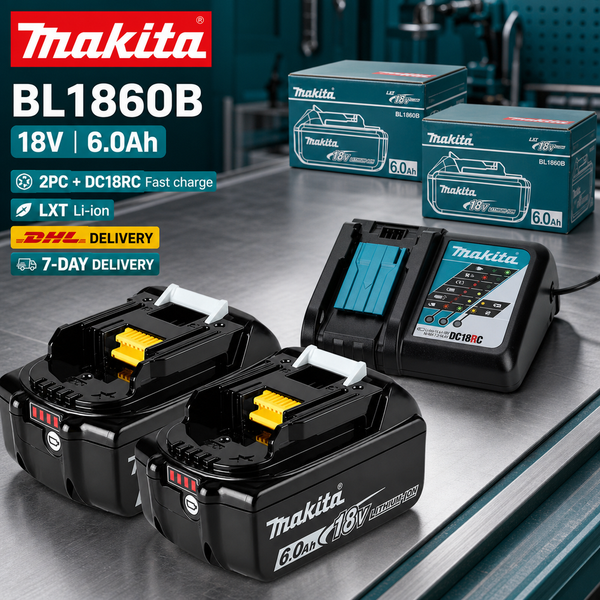 Makita Original BL1860B 18V LXT 6.0Ah Li-Ionen-Akku, BL1815 BL1815N BL1820 BL1830B BL1850B BL1860, kompatibel mit BDF453SHE BDF454Z, nur Akku oder DC18RC Schnellladeoptionen mit Papierbox, BL1840,