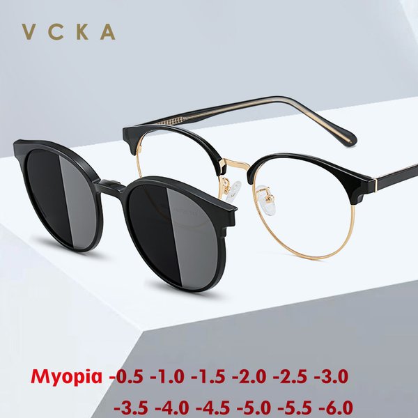 VCKA Magnetische Myopie Polarisierte Sonnenbrille Männer Frauen 2 in 1Clip Auf Gläser Runde Rahmen Optische Linsen-0,5 zu-10 grad