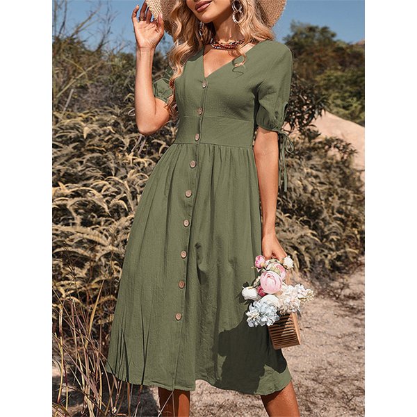 Sommer Frauen Kurzarm V-ausschnitt Einfarbig Einreiher Baumwolle Leinen A-linie Kleid