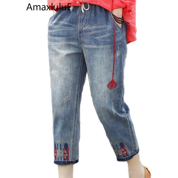 AmaxluluE Mode Sommer Damen Zerrissene Lose Jeans Frauen Freizeit Stickerei Denim Hosen Vintage Frauen Elastische Harem Hosen