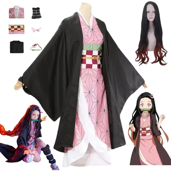 Kamado Nezuko Cosplay Kostuum Anime Kimono Kamado Nezuko Pruik uniforme Halloween Vrouwen maternelle