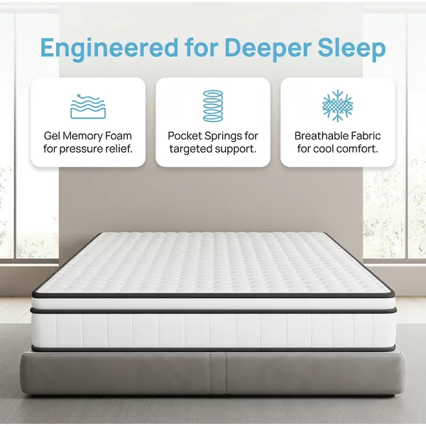 Matelas Rosahqnda 90x200 / 140x200 cm, matelas à ressorts ensachés avec mousse à mémoire de forme, housse en tissu 3D respirant, soutien de fermeté moyenne.