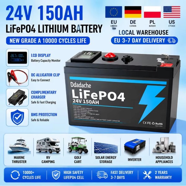 Lithium-Eisenphosphat-Batterie 24V 150Ah, Eingebautes BMS 8000+ Zyklen, Sehr geeignet für Solarenergiesysteme, Wohnmobile, Schiffe, Geländefahrten