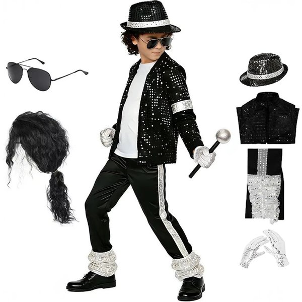 Costume de Star Pop Hip Hop pour Enfants, Ensemble Veste et Pantalon Noir Argenté à Paillettes avec Chapeau, Lunettes de Soleil et Gants, Tenue de Spectacle de Carnaval