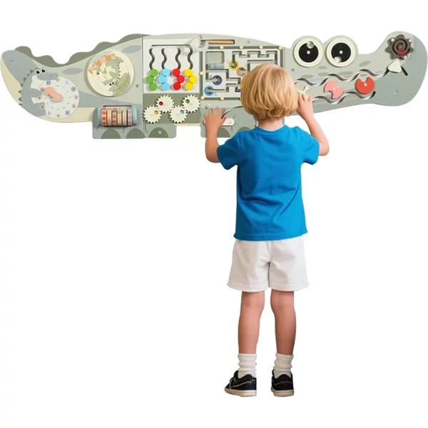 Wooden Activity Wall Board, Crocodile & Dolphins Design, Educational Sensory Panel, Montessori Learning Station