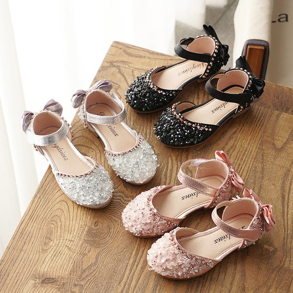 Nouveaux enfants chaussures en cuir filles chaussures de mariage enfants princesse sandales paillettes arc filles chaussures de danse décontractées sandales plates