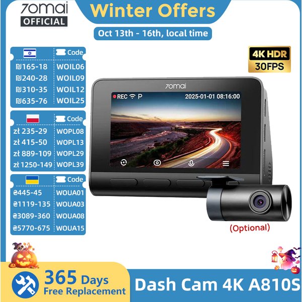 【SA Lager】70mai Dashcam 4K A810S Dual HDR IMX678 Sensor, Wi-Fi 6 Sprachsteuerung GPS ADAS Superkondensator 4G LTE, 70mai A810S
