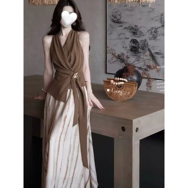 New French Retro Fashion Women's Two Piece Set Halter V-neck Sleeveless Slim Top + Striped A-line Skirt Elegant Outfit