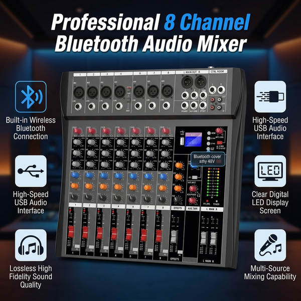 YAMNWEO 8-Kanal Professionelles Audio-Mischpult mit Bluetooth, USB, MP3 und integrierten Effekten für Live-Bühnen- und Studioaufnahmen