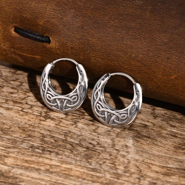 Men Nordic Viking Knot Hoop Earrings Gifts, Waterproof Stainless Steel Huggies, Ethnic Punk Rock Male Ear Amulet Jewelry