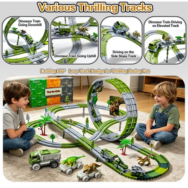 Dinosaurier-Autobahn-Set, magische, flexibel bewegliche Gleise, technische Fahrzeuge, Lernspielzeug, Autobahn- und Zugbausteine, Geburtstagsgeschenk