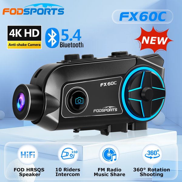 Fodsporst FX60C Motorrad-Gegensprechkamera 4K HD Anti Shake Video Recorder Dash Cam, BT5.4 Helm Headset 10 Fahrer, FM, Musik Teilen