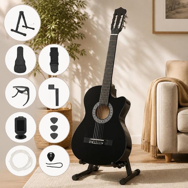 Klassisches Gitarrenset für Einsteiger, hochwertiges Anfänger-Starterset, 38-Zoll-Akustikgitarren-Kit, Basswood-Material, Cutaway-Design mit Zubehörtasche, geeignet für Anfänger, Reisen, Übung und