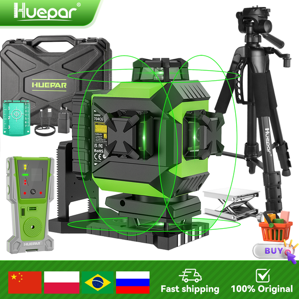 Huepar 704CG 16-Linien-Laser-Wasserwaage, 4D, selbstnivellierend, Kreuzlinien-Grüne Wasserwaage, Helle Ausrichtung, Laser-Werkzeug mit Li-Ionen-Akku
