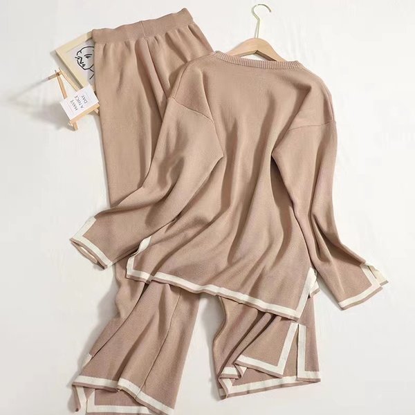 Elegante Damen-Langarm-Tops, gestrickt, 2-teilige Anzüge, lässiger Damen-Strickpullover und geteilte lange Hose mit weitem Bein, zweiteilige Sets