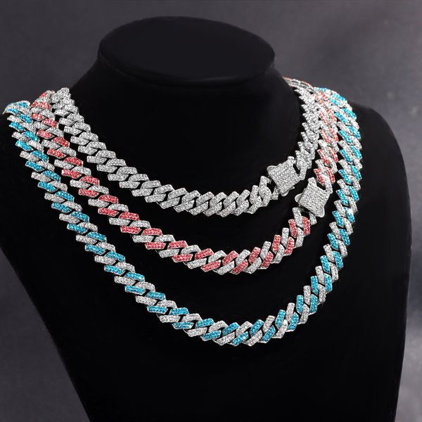 Iced Out Cuban Link JONecklace pour hommes et femmes, 14mm, 2 nucleobal inestone, Prong Rhomb Pavé, Cuban Colorful Necklace, Hip Hop Jewelry