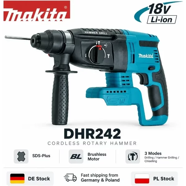 Makita DHR242 18V LXT Bürstenloser Akku-Bohrhammer 24mm Beton, 4700 IPM, 2,0J SDS Plus 3-Modus Professionelles Elektrowerkzeug, Kompatibel mit BL1860B BL1850B BL1815, EU-Lager Schneller Versand