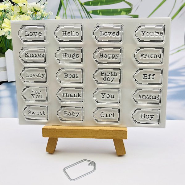 Alinacutle CLEAR STAMPS Tags Set Passende Metall-Stanzformen, geschnitten, Scrapbooking, Kartenpapier, Handwerk, Silikonrolle, transparente Stempel