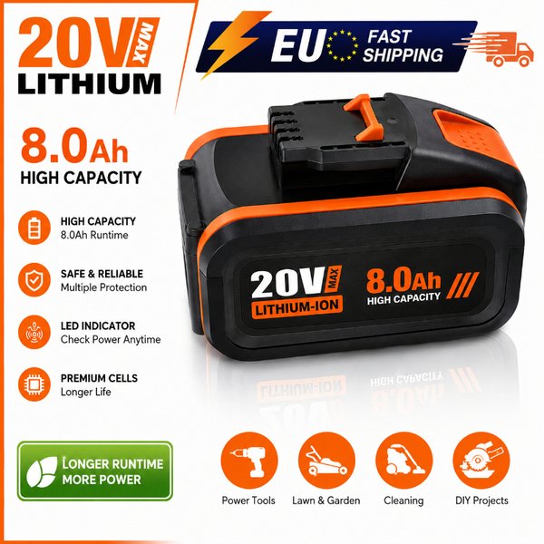 20V 8,0Ah Hochleistungs-Lithium-Ionen-Akku Ersatzakku Kompatibel mit Worx Elektrowerkzeugen WX390 WX176 WX166.4 WX372.1 WX800 WX678 WX550 WX532 WG894E WG629E WG329E Wiederaufladbarer Akku EU Polen
