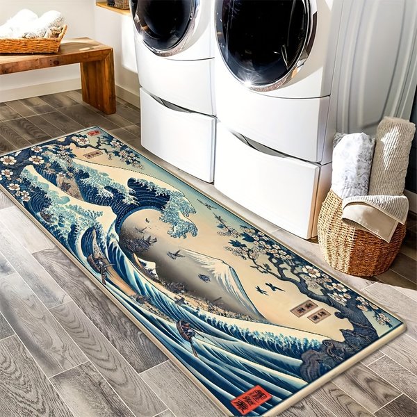 VIKAMA Retro japanisches Ukiyo-e Wave Design, rutschfester und schmutzabweisender Teppich, für Küche, Eingang, Wohnzimmerteppich, Heimdekoration