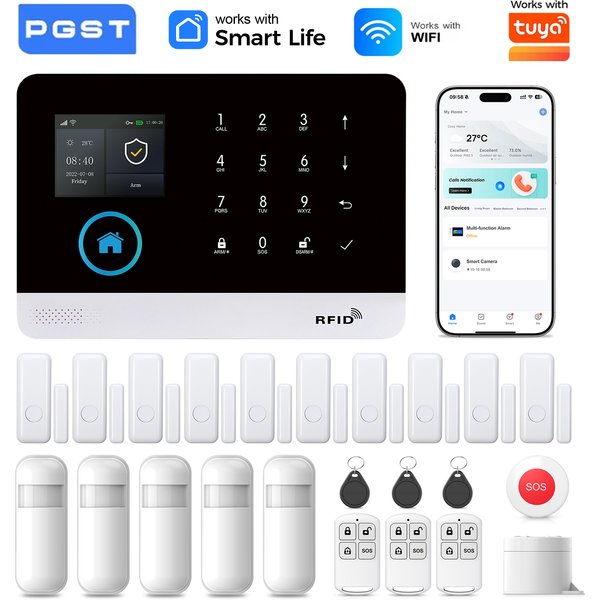 Système d'alarme PGST pour la maison, alarme de sécurité WIFI, antivol avec capteur de mouvement de porte, compatible avec Tuya et Alexa.