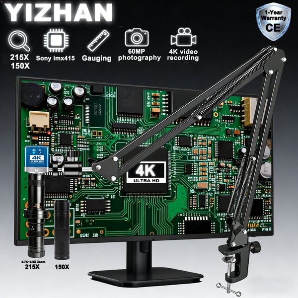 YIZHAN 4K mikroskope digital, 60MP Lupe Elektronik, IMX415-Chip-Kamera, 215X 150x Objektiv, Schwenkarm-Mikroskop zur Messung