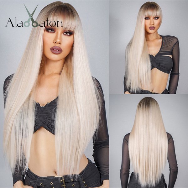 ALAN EATON-Perruque longue droite blonde platine avec frange pour femmes noires, aspect naturel, cheveux blonds clairs, haute température