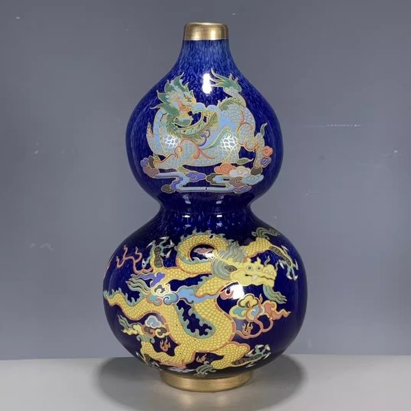 Jilan Glazed Gold Dragon Patterned Gourd Vase Antique Porcelain Ornament