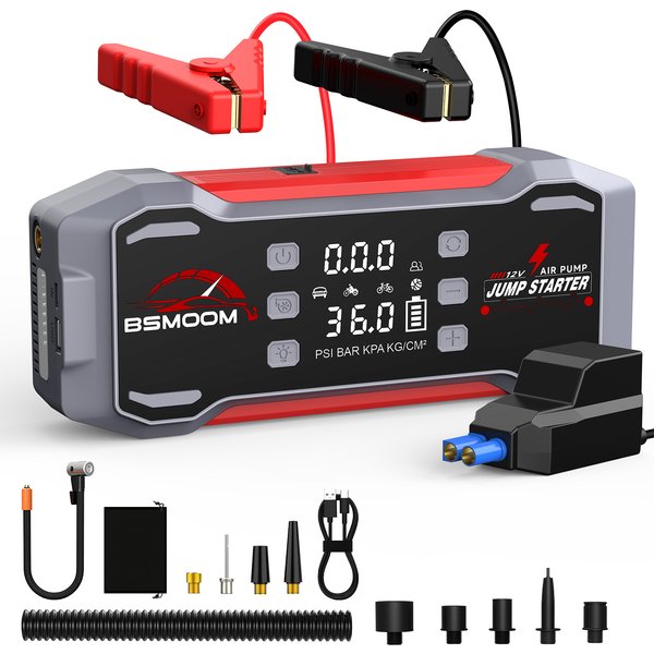 BSMOOM 9000A Auto-Starthilfe - 3-in-1-Funktion: Luftkompressor, Gebläse, Zusatzbatterie und Intelligentes Starthilfekabel (12V)